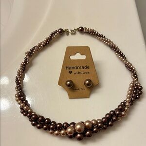 Faux Pearl Necklace and Earring Set - Brown and Cream